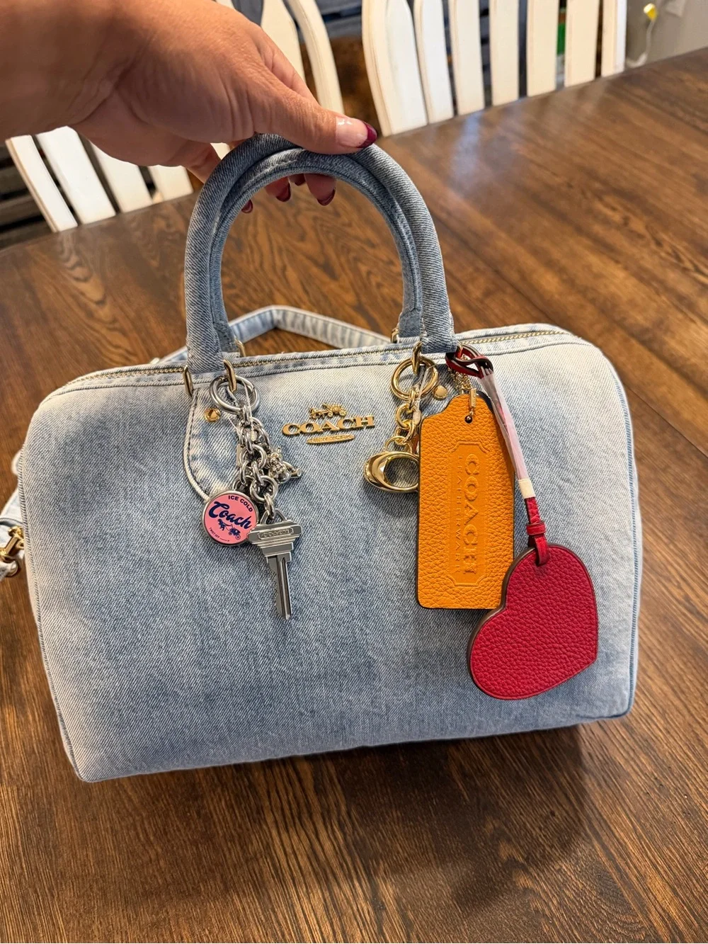 Coach Light Denim Satchel with Pink Heart Charm